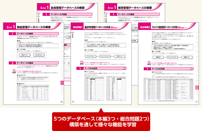 5つのデータベース（本編3つ・総合問題2つ）の構築を通して様々な機能を学習