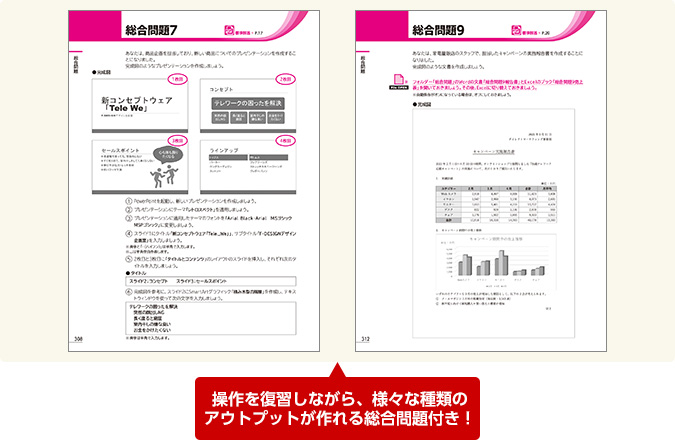 操作を復習しながら、様々な種類のアウトプットが作れる総合問題付き