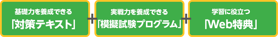 基礎力を養成できる「対策テキスト」+実戦力を養成できる「模擬試験プログラム」+学習に役立つ「Web特典」