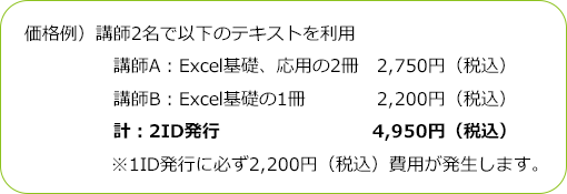 価格例）講師2名で以下のテキストを利用 講師A：Excel基礎、応用の2冊 2,750円（税込） 講師B：Excel基礎の1冊 2,200円（税込） 計：2ID発行 4,950円（税込）※1ID発行に必ず2,200円（税込）費用が発生します。